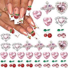 YAEISM 30PCS Pink Heart Nail Charms 4 Types Crystal Nails Gems 2 Color Shiny Cherry Nail Charms Luxury Nail Rhinestones for Women Nail Art and DIY Crafts Decoration