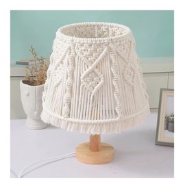 Boho Macrame Table Lamp – Handmade Bedside Light with Wooden Base, White Ivory Boho Decor for Bedroom, Living Room, Nursery – E26/E27 Compatible Nightstand Lamp – by Elvirka