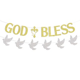 God Bless Banner with Peace Dove Cross Decor, Bless This Child Decor, Religious Banner, Baptism Decor, Christening Decor Gold Glitter