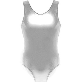 R&N FASHIONS Womens Sleeveless Leotard Metallic Sport Dance Gymnastics Ballet Wet Look Shinny Party Disco or Dance Costume Silver, S-M