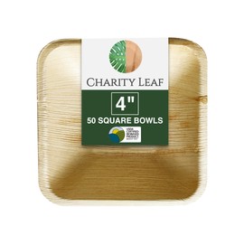 Charity Leaf Disposable Palm Leaf 4" Square Bowl (50 pcs) Dipping Bowls | Bamboo Like| All Natural and Biodegradable | Charcuterie Boards, BBQs, and Parties