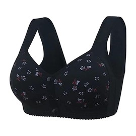 PrinStory Bras for Women Front Fastening Bras for Women Wireless Snap Closing Ladies Bras Comfort Women's Bras for The Elderly (Black Daisy, 46D)