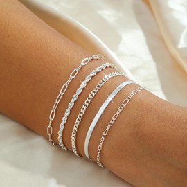 Feskive Gold Bracelets for Women ，Waterproof 14k Gold/Silver Plated Stackable Bracelet Set Non Tarnish Trendy Gold Jewelry Dainty Layered Figaro Rope Beads Paperclip Thin Link Chain Gifts for women