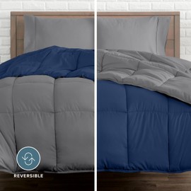 Bare Home Reversible Bed-in-A-Bag Comforter & Sheet Set - Twin - Down Alternative - Soft - Bedding Set (Twin, Dark Blue/Grey, Grey)