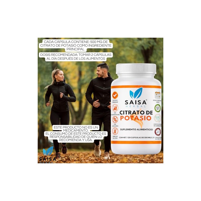 SAISA HERBAL Citrato de Potasio 100% Puro, 120 Cápsulas |