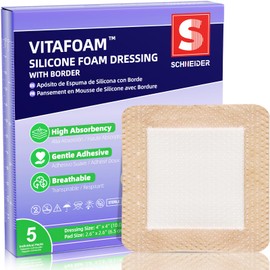 VitaFoam Silicone Foam Dressing 4" x 4" with Border, High Absorbency Wound Bandage, Gentle Adhesion, Soft Breathable Silicone Bandages for Wound Care, Pack of 5