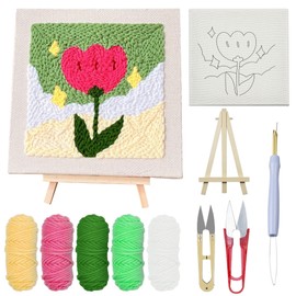 Woohome Punch Needle Starter Kit, Punch Needle Embroidery Kit Frame with Punch Needle Fabric, Hoop, Yarns, Punch Needle for Beginner (Tulips and Stars)
