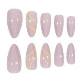 24PCS Press on Nails Medium Almond Fake Nails Light Purple Nails and White Ripple Acrylic False Nail Design Full Cover Stick on Nails Glue on Nails for Women and Girls DIY