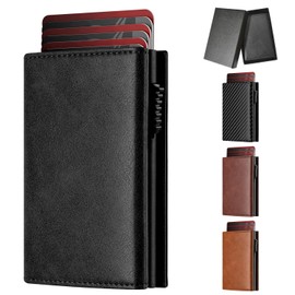 SlowTon Cartera para Hombre, Billetera Hombre de Cuero Genuino con RFID Bloqueo, Carteras Minimalista Plegable con Ranuras para Tarjetas, Incluye Caja Regalo (16 Tarjetero, Negro Brillo)