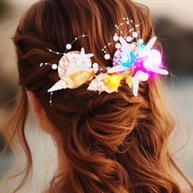 Latious Light Up Starfish Mermaid Hair Clips Seashell Bridal Hair Barrettes Pearl Beach Hair Accessories for Women and Girls (Pack of 2) (Colorful Light)