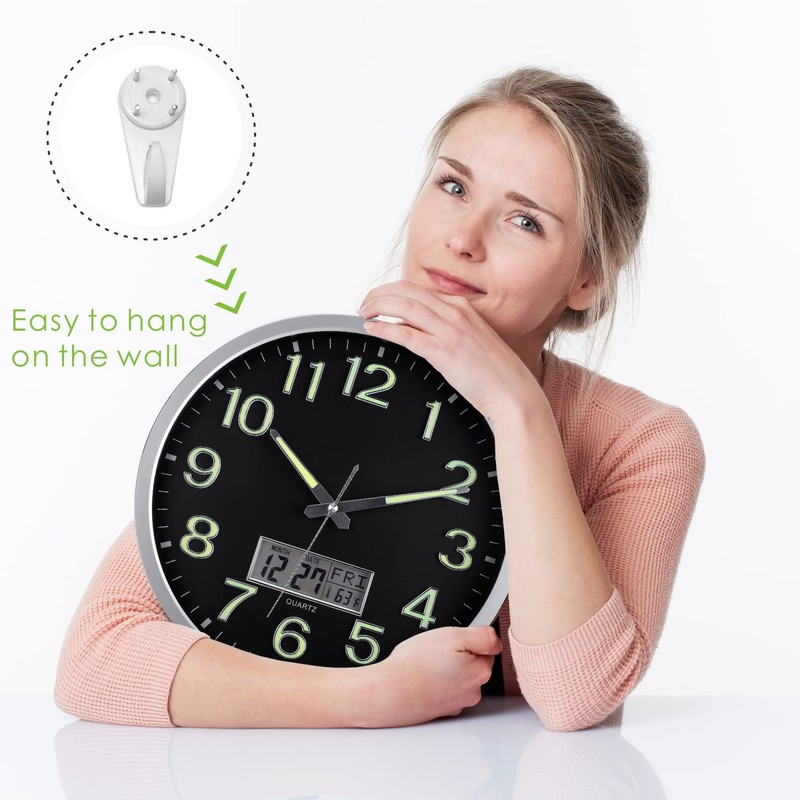Plumeet Night Light Wall Clock, 14’’ Large Bedroom Wall Clocks