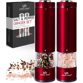 Electric Salt and Pepper Grinder Set - 2 Battery Operated Stainless Steel Mills with Light (Elegant Red Burgundy) - Automatic One Handed Operation - Electronic Adjustable Shakers - Ceramic Grinders