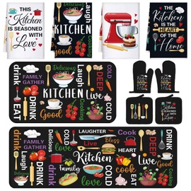 Fourluoo 10 Pcs Farmhouse Home Kitchen Decor Set 4 Kitchen Dish Towels 2 Pot Holders 2 Oven Mitt Rustic Rug and Mat for Cooking Baking Daughter Mom Gift Decor (Bright Color)