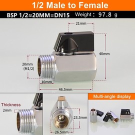 MiJunHD Mini Brass Ball Valve, G 1/2≈20MM=DN15 Male to Female Thread Shut Off Switch Valve Pipe Coupler Connector for Air,Water,Gas,Oil,Fuel,Drip,Irrigation (1Piece)