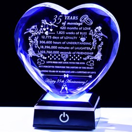 YWHL 35th Wedding Anniversary Crystal Gifts with LED Base Laser Engraved 35th Anniversary Heart Keepsake Gift for Couples Parents Romantic 35 Years of Anniversary Marriage Gifts for Wife Husband