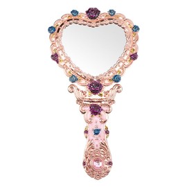 FRCOLOR Heart Handheld Mirrors Rose Style Makeup Mirrors Vintage European Hand Mirrors Zinc Alloy Princess Mirrors for Pocket Purse Birthday Golden
