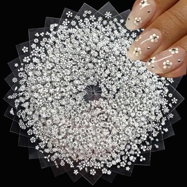 30 Sheets White Flower Nail Sticker,White Floral Nail Decals with Rhinestone,3D Self Adhesive Stickers for Nails Design,Nail Art Supplies & Decorations for Women,DIY Manicure Decor