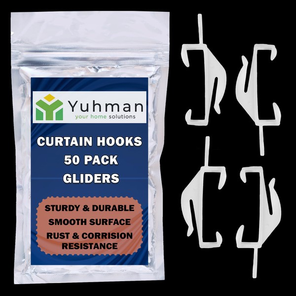Yuhman 50 pack Glider Curtain hooks - Plastic White- 4.7cm