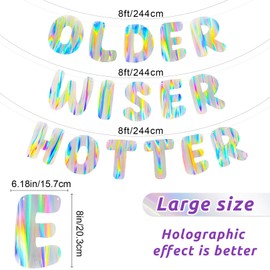 Iridescent Older Wiser Hotter Banner, Pre-Strung Funny Birthday Decorations for Women Gift, Cute Party Sign for 30th 40th 50th 60th 70th 80th Photobooth Backdrop