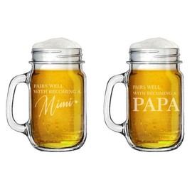 16oz Mason Jar Glass Mug w/Handle Gift Set of 2 Pairs Well With Becoming A Mimi & Papa Baby Pregnancy Announcement