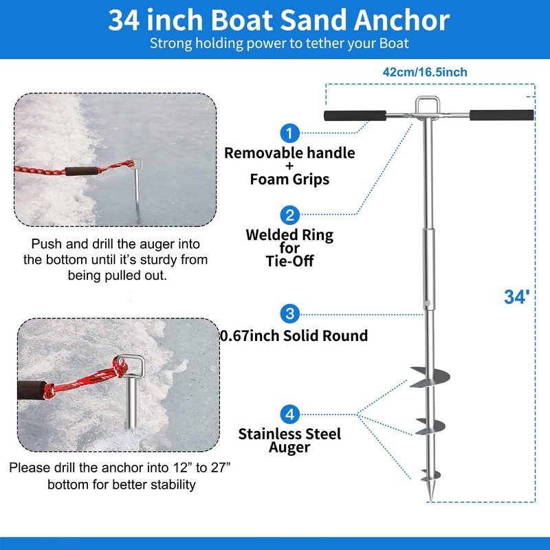 itayak Boat Sand Anchor, 34Inch Length 316 Stainless Steel Screw