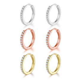 HUABOLA CALYN 3 Pairs of Hoop Earrings Silver 925, Silver Gold Hoop Earrings Silver 925 Small Set for Women Men Girls in 8/10/12 mm, Hypoallergenic Earrings Gold Set with AAA Zirconia Jewellery,