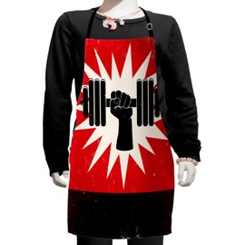 Ambesonne Fitness Apron, Grunge Display of Hand Lifting Dumbbell Effect Workout Vintage Design, Small Apron Bib with Adjustable Ties for Baking Painting, Small Size, Vermilion Black Cream