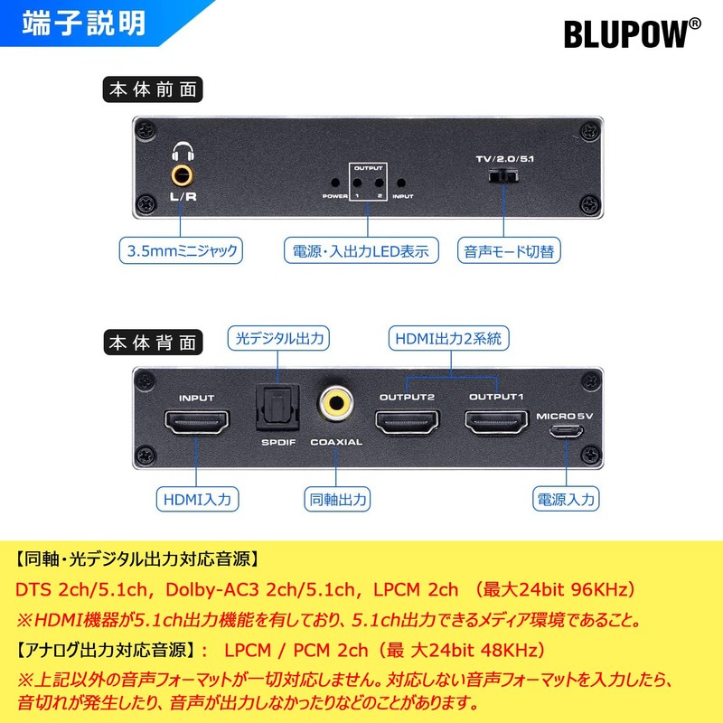 BLUPOW VA128A 4K60Hz/HDR Compatible, HDMI Splitter, 1 Input, 2 Outputs