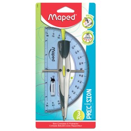 Maped Precision Metal Bow Compass & Protractor, 3 Piece Set (291049)