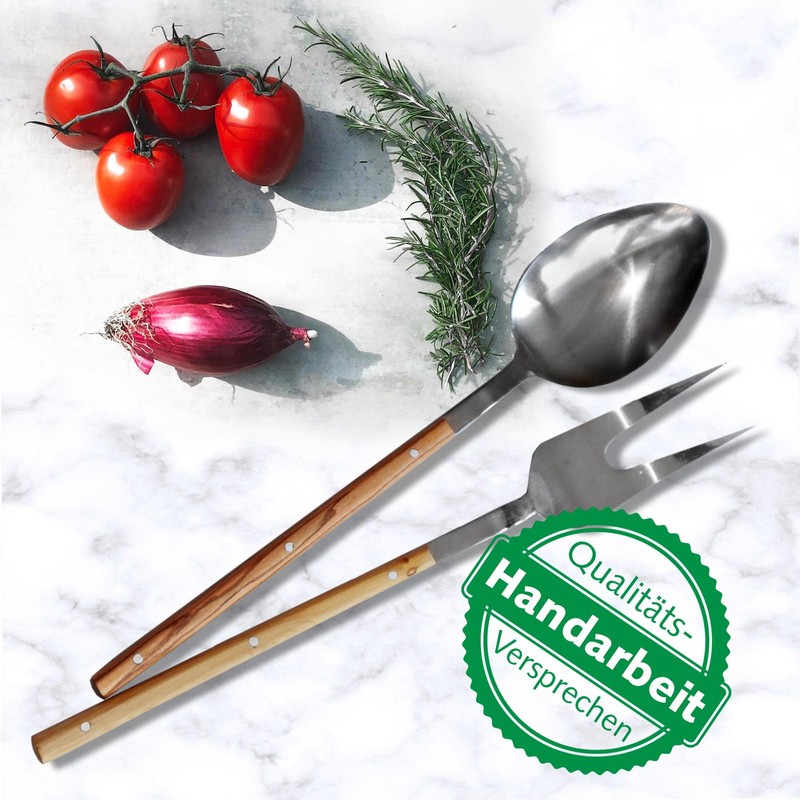 NATUREHOME Design Stainless Steel Salad Servers with Olive Wood Handle