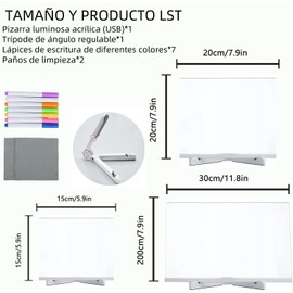 Tablero De Notas LED Con Bolígrafo De 7 Colores, Bloc De Notas Acrílico Iluminado De Colores Y Con Soporte Ajustable,Tablón De Anuncios Luminoso Regrabable (11.8 × 7.9”)