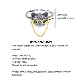 Bellitia Jewelry 925 Sterling Silver Doctor Cat Open Adjustable Ring with Adjustable Spectacle-Frame, Green Glass Cat Ring For Women Gifts