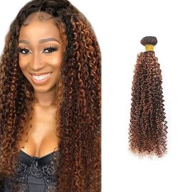 Muaowig P4/30 Curly Wave Highlight Human Hair Bundles Brazilian Remy Human Hair Extensions 1 Bundle Tow Tone Brown Bundles Hair Weaves For Women 30 Inch