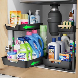 EUHOME Under Sink Storage, 2-Tier Pull Out Under Sink Organizer, L-Shape Height Adjustable Bathroom Kitchen Cabinet Organizers (2PACK, Black).