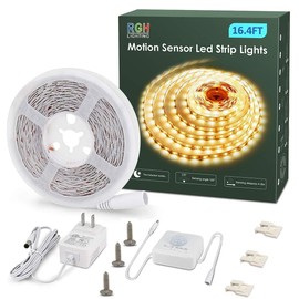 Motion Activated LED Strip Lights,RGH LIGHTING 16.4ft LED Light Strip with Day or Night 2 Lighting Modes,3 Timing Off Modes,Cozy Warm White 12v Plug-in LED Rope Lights for Under Cabinet,Kitchen,Stair