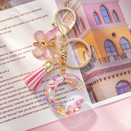 QUKE Fashion Alphabet Initial Letter Keychain Pink Tassel Butterfly Pendant Key Ring for Purse Schoolbags Women Girl - C