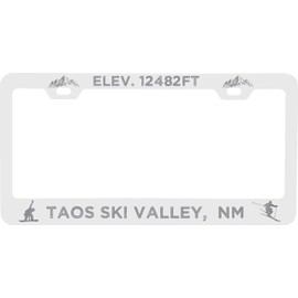 R and R Imports Taos Ski Valley New Mexico Etched Metal License Plate Frame White