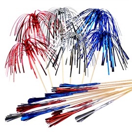 PheiLa 100 Pcs 4th of July Cocktail Picks Firework Party Picks Red Blue Silver Cocktail Sticks Fancy Toothpicks Food Picks Fruit Skewers Cupcake Toppers for Appetizers Drinks BBQ Dessert - 9 Inch Long