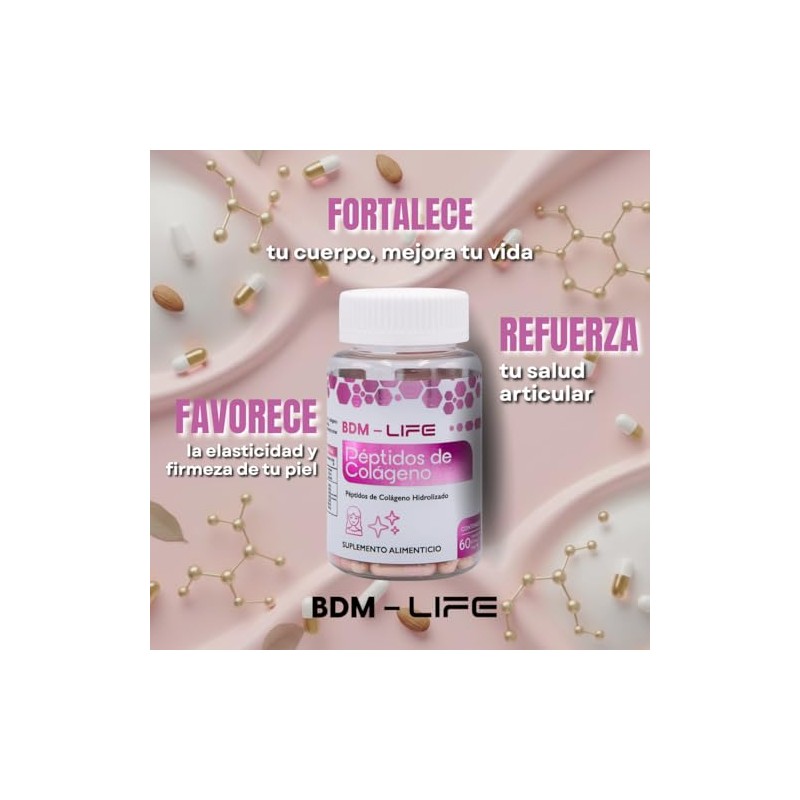 BDM LIFE Péptidos de Cólageno Hidrolizado, Suplemento alimenticio, 60 Cápsulas