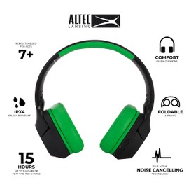 Altec Lansing - Auriculares inalámbricos seguros con cancelación de ruido para niños, batería de 15 H, límite de volumen de 85 dB, diseño plegable, sonido potente, cancelación activa de ruido, perfecto para niños a partir de 7 años (verde apagón)