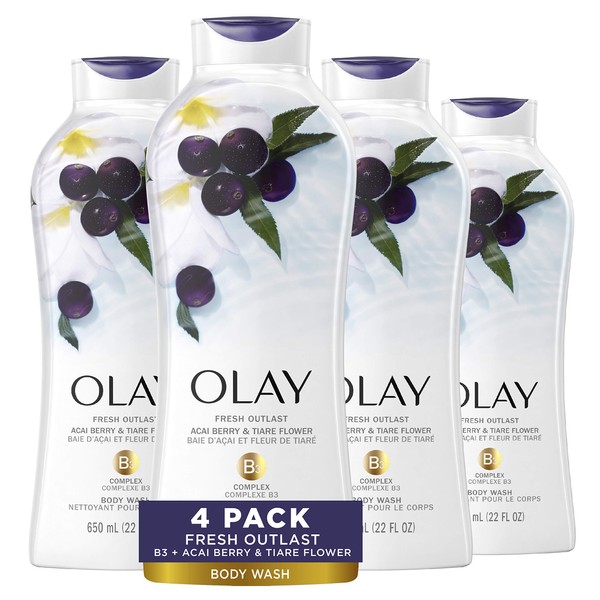 Olay Fresh Outlast Revitalizing Acai & Tiare Flower Body Wash, 22 Fluid Oz (Pack Of 4)