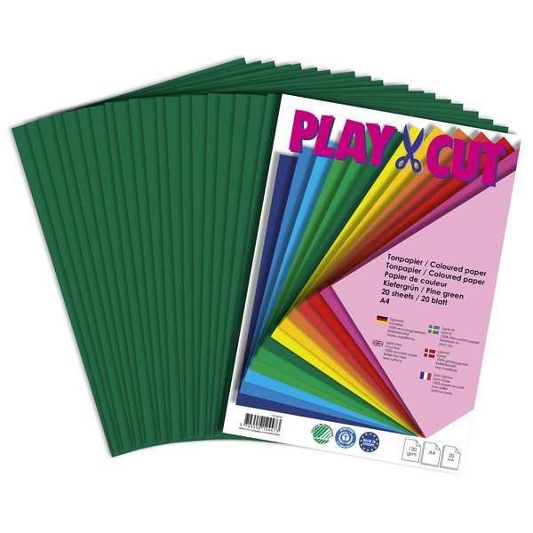 PLAY-CUT Carta colorata A4, verde pino (130 g/m2), 20 fogli di carta DIN A4, per lavori di bricolage, set di carta spessa e stampabile, formato A4, carta da disegno di alta qualità e Craft Paper