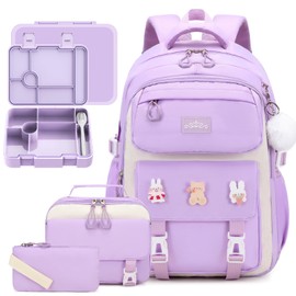 DIGOBAY 6PCS Girls Backpack Set with Bento Box for School, Kids Backpack for Girls with Lunch Bag Pencil Case for Girl School Bookbag with Lunch Snack Container, Utensils Purple