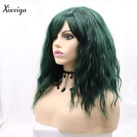 Xiweiya Wigs Short Bob Dark Green Curly Wavy None Lace Synthetic Wig with Bangs Full Machine Made Cici Hair Heat Resistant Fiber for Women, Drag Queen Cosplay Christmas Dress up14 Inches