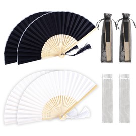 DALAETUS 4 Pcs Folding Hand Fans, Fabric Folding Fan with Organza Bags, Bamboo Handheld Fan for DIY Summer Wedding Gift, Dancing, Home Decorations(White, Black)