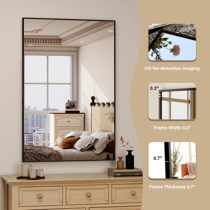 HARRITPURE 20"x28" Rectangular Bathroom Mirror Black Wall Mirror Aluminium Alloy