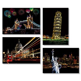 WeddHuis 4 Sheets Scratch Pictures for Children Urban Scratch Paper Magic Scratch Art Paper and Pen Set Scratch Paper for DIY Crafts Home Decor Art Project Games (Black)