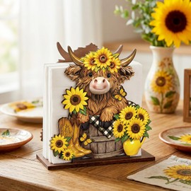 Mifoci Summer Sunflower Highland Cow Napkin Holder Wooden Farmhouse Kitchen Bathroom Decor Sunflower Cattle Tissue Dispenser Gift for Tables Home Countertop Accessories