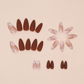 Medium Press on Nails Almond Fake Nails with Marble Lines Designs Fall Nails Press ons Matte Glue on Nails Brown Acrylic Nails Daily Wear Nature False Nails Winter Stick on Nails for Women 24Pcs