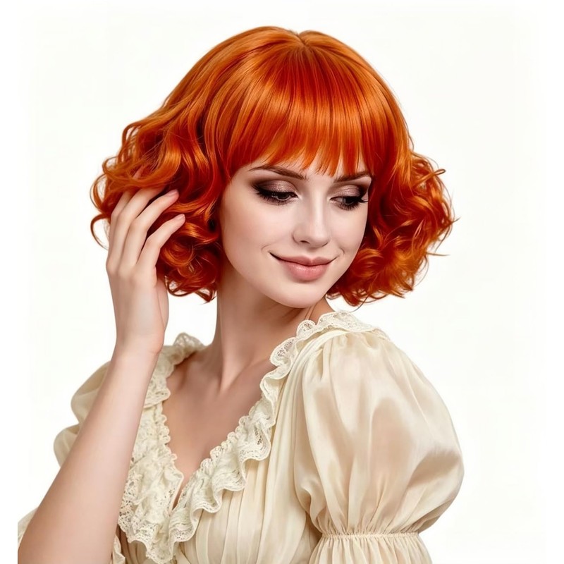 Rugelyss Short Curly Wavy Auburn Copper Red Wig with Bangs